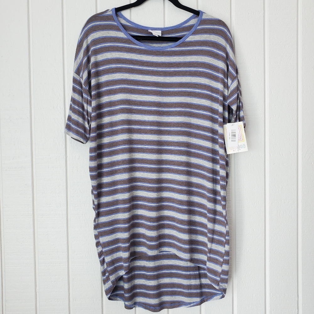 Lularoe Irma Tunic Top XS Striped Blue Heather Grey Stripes Rayon NWT